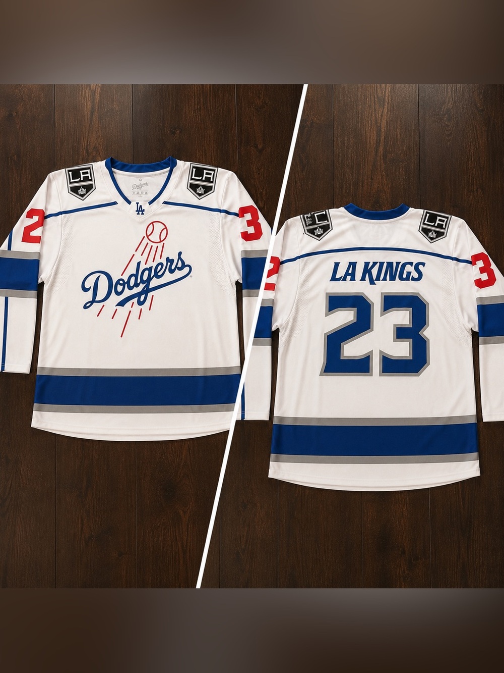 This white Los Angeles Dodgers x LA Kings collaboration hockey jersey